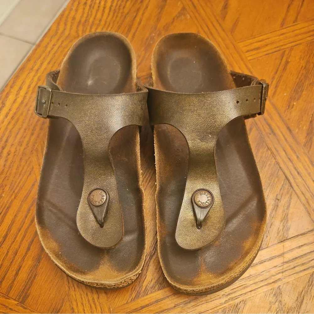 Birkenstock Gizeh Thong Sandals Brown Leather‎ Gold Bronze Slides EU 36 USA 6